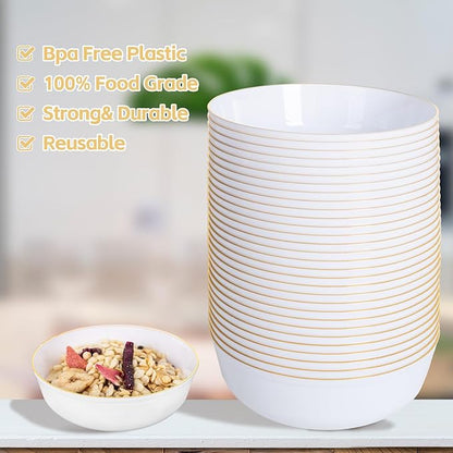I00000 50 Pack White Plastic Bowls with Gold Rim,16 oz Disposable Soup Bowls,Premium Heavy Plastic Serving Bowls Ideal for Wedding & Party