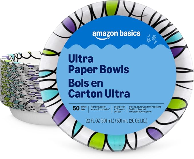 Amazon Basics Ultra Disposable Paper Bowls, 20 Oz, Microwave Safe, Soak Proof by AmazonBasics