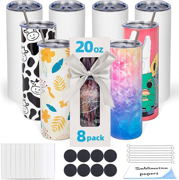 8 Pack 20oz Sublimation Tumbler Blanks Skinny Straight in Bulk | Stainless by UIRZOTN