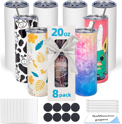 8 Pack 20oz Sublimation Tumbler Blanks Skinny Straight in Bulk | Stainless by UIRZOTN