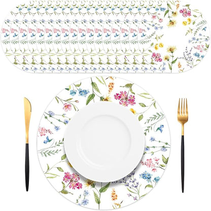 50 PCS Disposable Floral Paper Placemats - Watercolor Wildflower Round Placemat Spring Summer Table Mats for Home Kitchen Dinner Table Dining Party Decoration