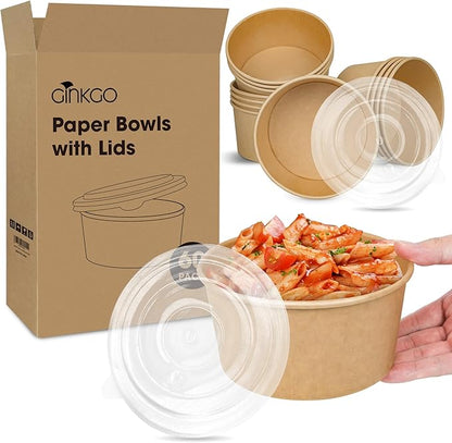 Ginkgo 30 oz Disposable Meal Prep Containers with Lids, Large Paper Bowls Bulk for Hot Soup, Food, Salad, Ice Cream, Dessert, Cereals, 60 Count
