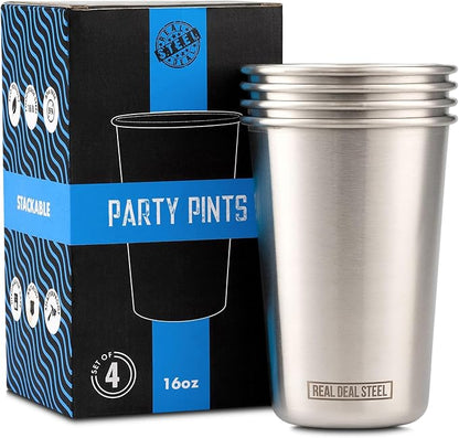 Real Deal Steel Stainless Steel 16 oz Pint Cups Stackable Single Wall Tumblers by RDS