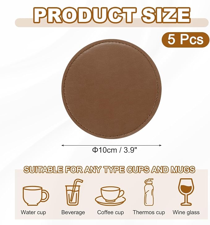 uxcell 5Pcs PU Leather Coasters, Dark Brown - Image 2