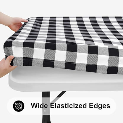 Smiry Rectangle Picnic Table Cloth, Elastic Waterproof Fitted Vinyl Tablecloths, Flannel Backed Buffalo Plaid Table Covers for Dining, Camping, Outdoor (Black and White, 30" x 72")