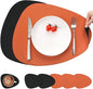 Myir JUN Placemats, Dual-Sided Placemats Waterproof Faux Leather Placemats Set of 6 Place Mats and Coasters Non-Slip Washable Table Mats for Dining Table (Black Orange, Set of 6)