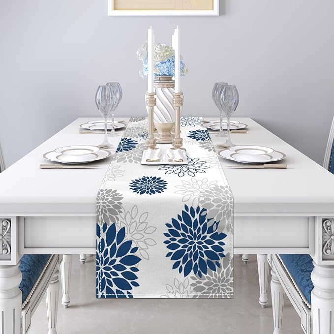 Dahlia Flower Table Runner 13x71 Inch Farmhouse Blue Gray Runners Modern Table - Image 5