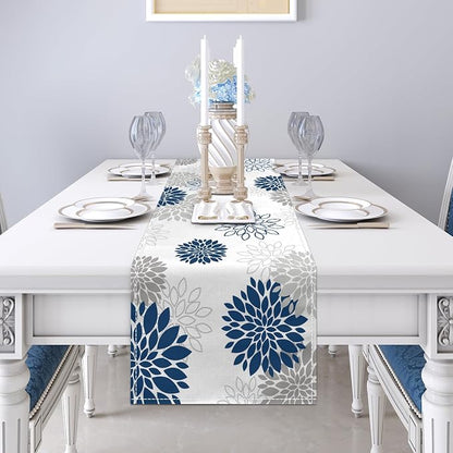 Dahlia Flower Table Runner 13x71 Inch Farmhouse Blue Gray Runners Modern Table - Image 5