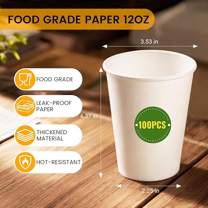Paper Coffee Cups 12 oz, 100 Pack White Disposable Cups - Image 7