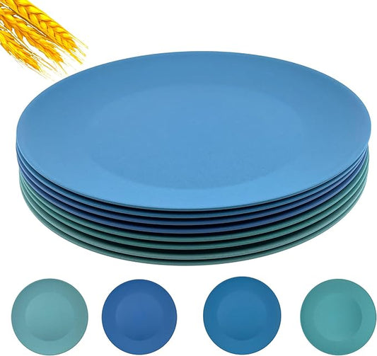 10 inch Wheat Straw Plates, Unbreakable Flat Dinner Plate Set of 8, BPA Free Dishwasher & Microwave Safe Reusable Salad Camping for Kids Kitchen (4 Color)