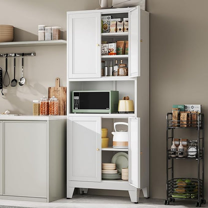 Metal Pantry Storage Cabinet, 69" Tall Storoge Cabinet with 4 Doors & 3 Adjustable Shelves, Microwave Stand with Storage for Kitchen, Dining Room, Living Room (1PC,White)