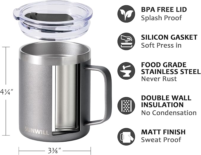 SUNWILL Travel Coffee Mug with Lid, Insulated Tumbler with Handle, 14 oz - Image 2