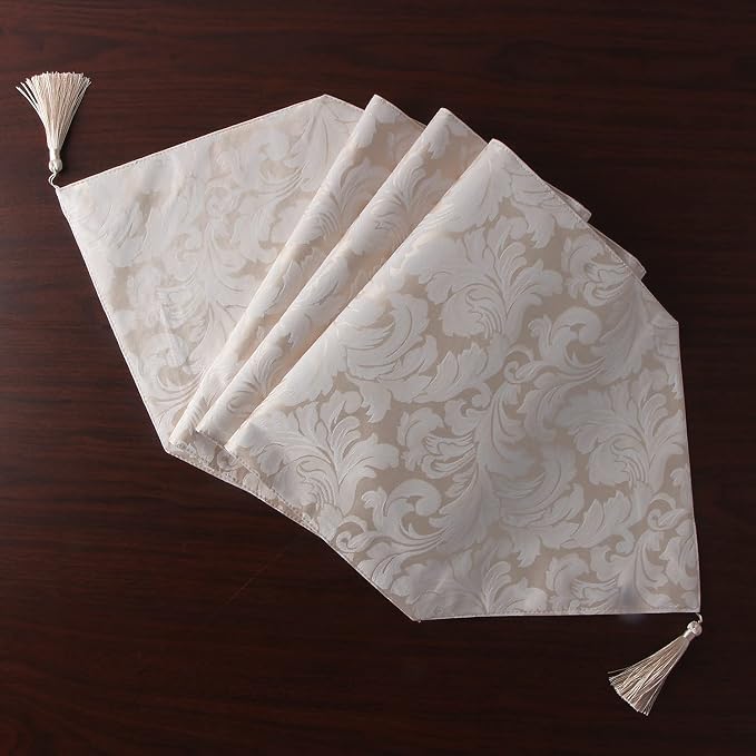 EHouseHome Jacquard Damask Reversible Beige Table Runners - Image 3