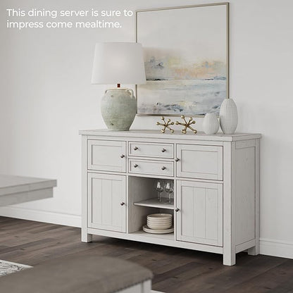 Signature Design by Ashley Robbinsdale Casual 4-Door Dining Server with Adjustable Shelves and Felt-Lined Drawers, White