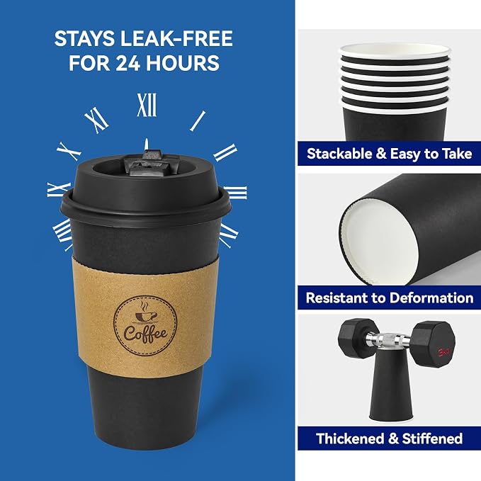 JOLLY CHEF 16 oz Coffee Cups-100 Pack, Disposable Black Hot Paper Cups - Image 2