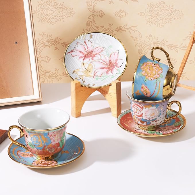 Tea Cups and Saucers, Tea Cup Set of 6, 8 OZ Floral Cups Porcelain Cup Set - Image 3