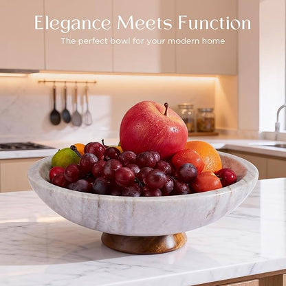 Gray Marble Fruit Bowl with Acacia Wood Pedestal, Large Decorative Footed Bowl, Natural Stone Centerpiece for Kitchen Counter, Entryway, Keys, Dining Table, House Warming Gifts New Home(11Inch)