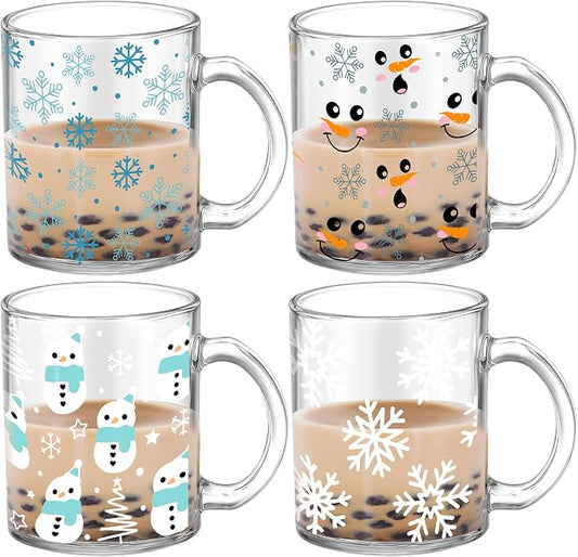 Tioncy 4 Pcs Winter Coffee Glass Mugs 12 oz Christmas Snowman Glass Cups by Tioncy