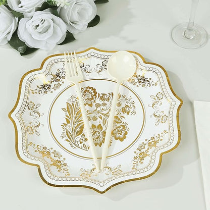 50 Pack 10" White Gold French Toile Dinner Plates, Disposable Round Paper Party Plates 300 GSM for Festive Table Decoration
