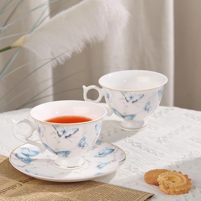 fanquare 6oz British Blue Butterflies Porcelain Tea Cup and Saucer Set of 6 | - Image 4