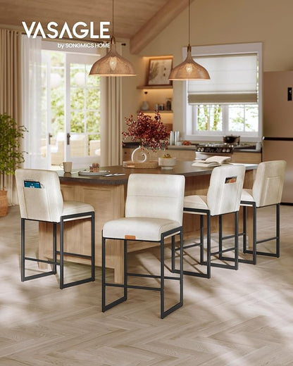 VASAGLE EKHO Collection - Bar Stools Set of 4, Counter Height Stools with Backs, 26.4-Inch Barstools Chairs, Synthetic Leather with Stitching, Mid-Century Modern, Dining Kitchen Island, Cream White