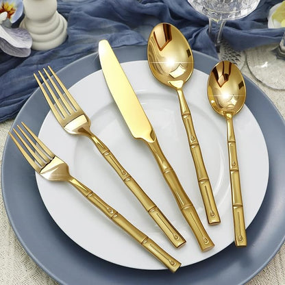 Gold Silverware Set 40-Piece Bamboo Pattern Service - Image 7