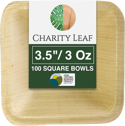 Charity Leaf Disposable Palm Leaf 3.5" Square Mini Bowl (100 pcs) Dipping Bowls | Bamboo Like| All Natural and Biodegradable | Charcuterie Boards, BBQs, and Parties
