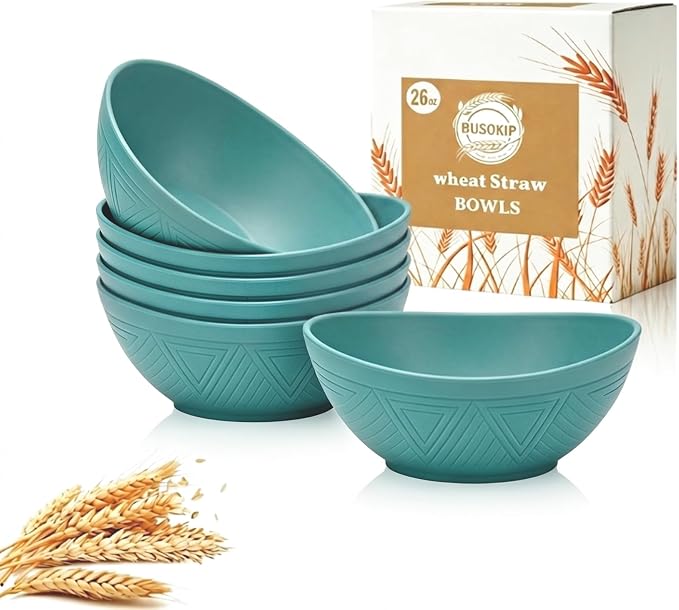 Cereal Bowls Sets of 6, Unbreakable & Stackable Wheat Straw Bowls 26oz by BUSOKIP