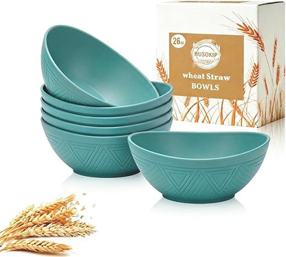 Cereal Bowls Sets of 6, Unbreakable & Stackable Wheat Straw Bowls 26oz by BUSOKIP