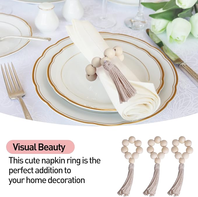 Napkin Rings Set of 12, Handmade Farmhouse Wood Beaded Napkin Ring - Image 4