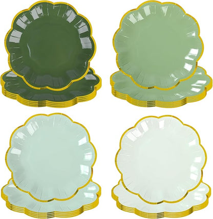 Sage Green Party Plates Gradient Green Dessert Paper Plates 7inch Gold Foil Scalloped Edge Disposable Cake Plates for Birthday Bridal Baby Shower Wedding Party Supplies (24)