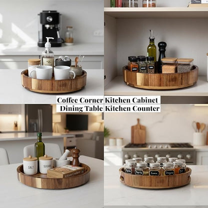 Acacia Wood Lazy Susan - 12 Inch Wooden Turntable Organizer for Kitchen Counter, Dining Table, Countertop - Rotating Serving Tray with Raised Edges - Natural Wood Finish