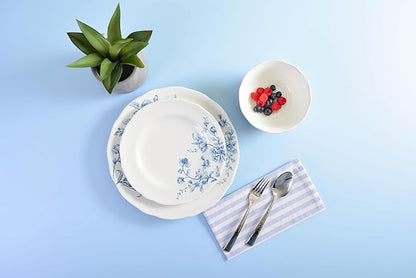 222 Fifth 12-Piece Porcelain Dinnerware Set for 4, White & Blue Plates and Bowls Set, Glossy Ceramic Dish Set with Beautiful Floral Design, Elegant Kitchen Dishes, Microwave & Dishwasher Safe, Bellamy