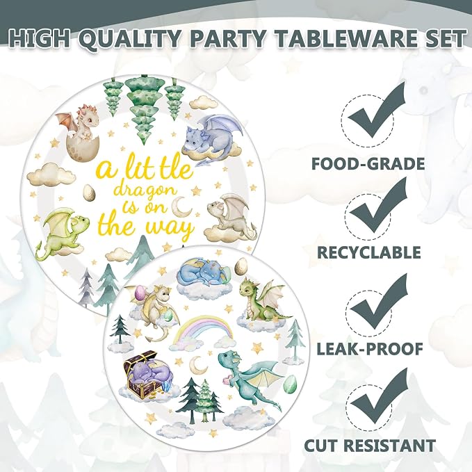 EUOYUFO 96Pcs A Little Dragon is On The Way Baby Shower Paper Plates Napkins - Image 4