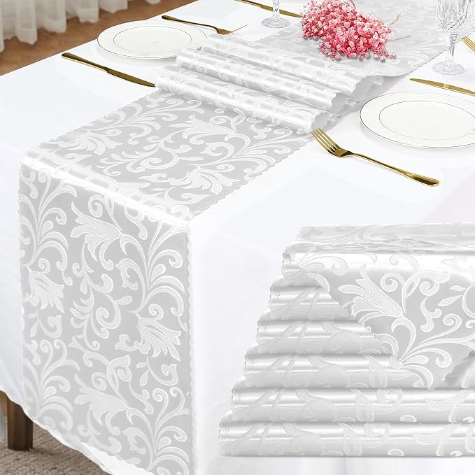 White Satin Table Runner 12 x 108 Inch, 6 Pack | Bright Smooth Damask, Silky by Eychei