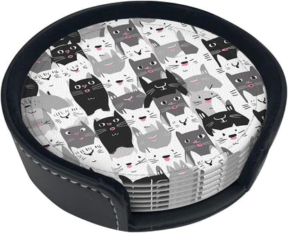 Cartoon Cute Cat Kitten Leather Coasters Set of 6 by Unknown