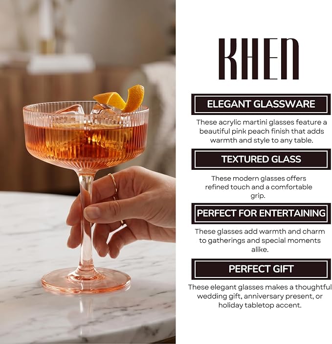 Khen Pink Peach Acrylic Ribbed Coupe Martini Champagne Cocktail Glasses - Image 5