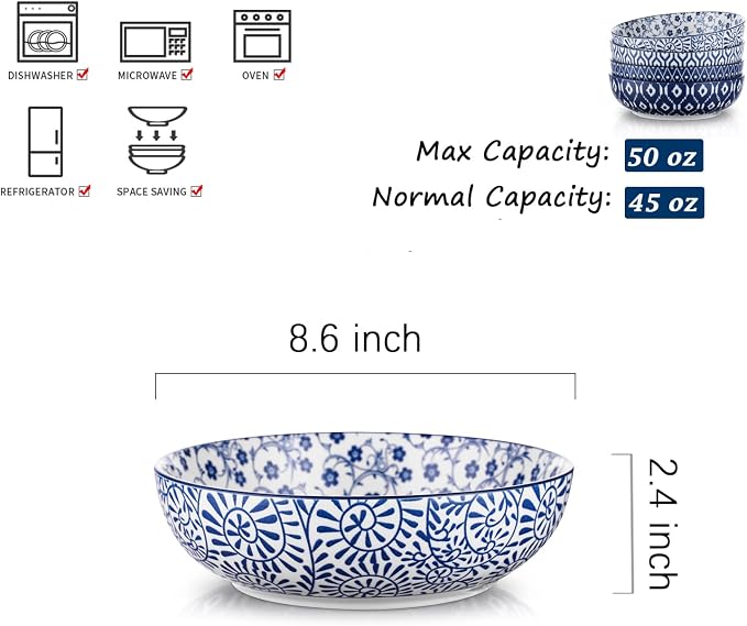 Selamica Ceramic Pasta Bowls Set of 4, Large Salad Bowls, Stackable Serving - Image 2
