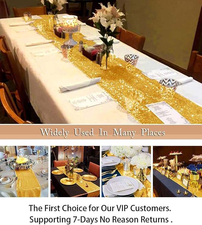 ShinyBeauty Sequin Table Runner Gold 12x108 Inch Glitter Sequin Cloth Runner - Image 5
