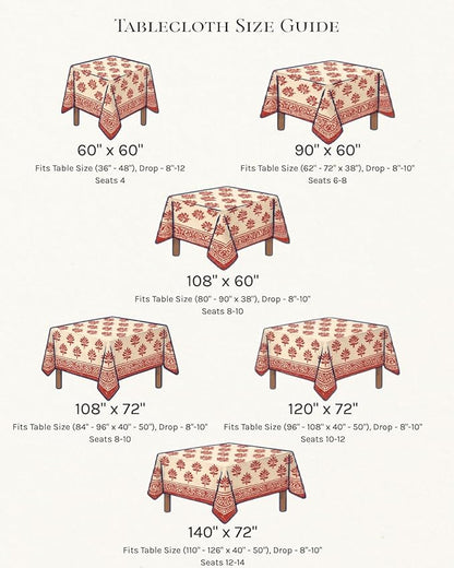 ATOSII Jade 100% Cotton Rectangle Boho Fall Tablecloth, Handblock Floral Table Cloth Linen for Kitchen Dining I Parties Wedding Outdoors Christmas Thanksgiving I 72 X 140 Inches I 12 Seater