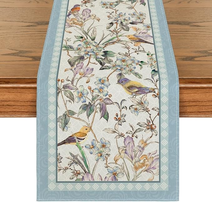 Artoid Mode Blue Birds Flowers Blossom Table Runner, Seasonal Spring Floral by ArtoidMode