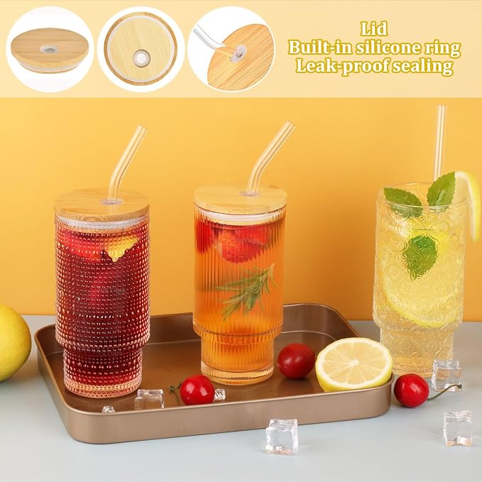 Glass Cups Set with Straw/Bamboo Lid, 12 oz Stackable Serving Drinking Glasses - Image 5
