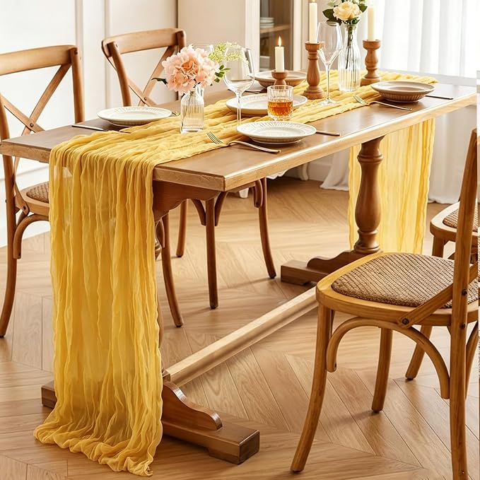 3Pcs Yellow Table Runner, 10FT Rustic Gauze Gold Table Runner 35*120inch Boho - Image 3
