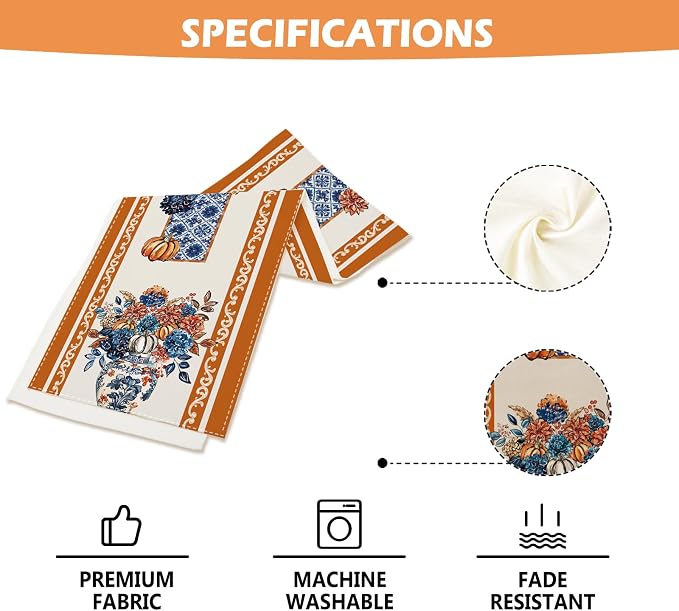 Fall Floral Chinoiserie Pumpkin Table Runner Rustic Burlap Table Runners - Image 6