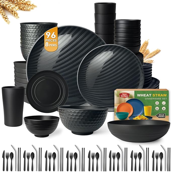 Teivio 96-Piece With Flatware Plastic Wheat Straw Dinnerware Set by Teivio