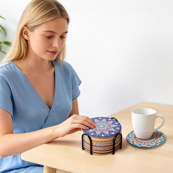 Coasters Set of 8, Colorful Cork Drinks Coasters - Image 2