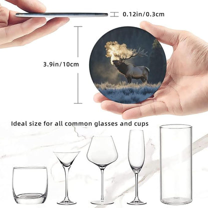 Majestic elk steam Printed Leather Coasters for Drinks, Set of 6 Drink Coaster Dining Room Decor Cup Coasters