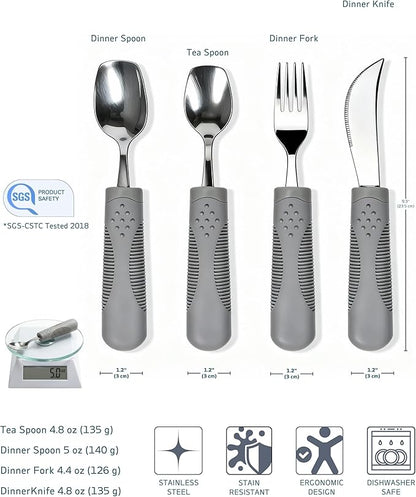 5 oz Weighted Adaptive Utensils Set with Rocker Knife - Balanced Weighted Silverware for Parkinson's Disease, Moderate Hand Tremors & Essential Tremor, Ergonomic Grip Handles (Grey)