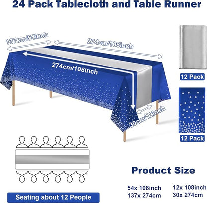24Pack Disposable Plastic Tablecloths and Satin Table Runner Set Blue and - Image 2