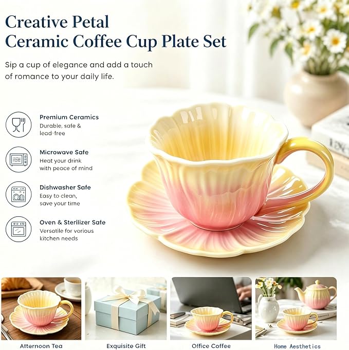 10 oz Tea Cups and Saucers, Flower-Shaped Ceramic Latte Art Cappuccino Cup and - Image 4
